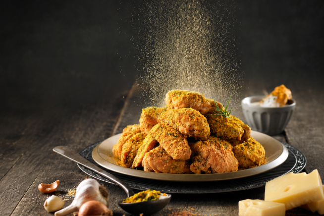 A plated dish of BHC's crispy fried chicken with seasoning being sprinkled over it