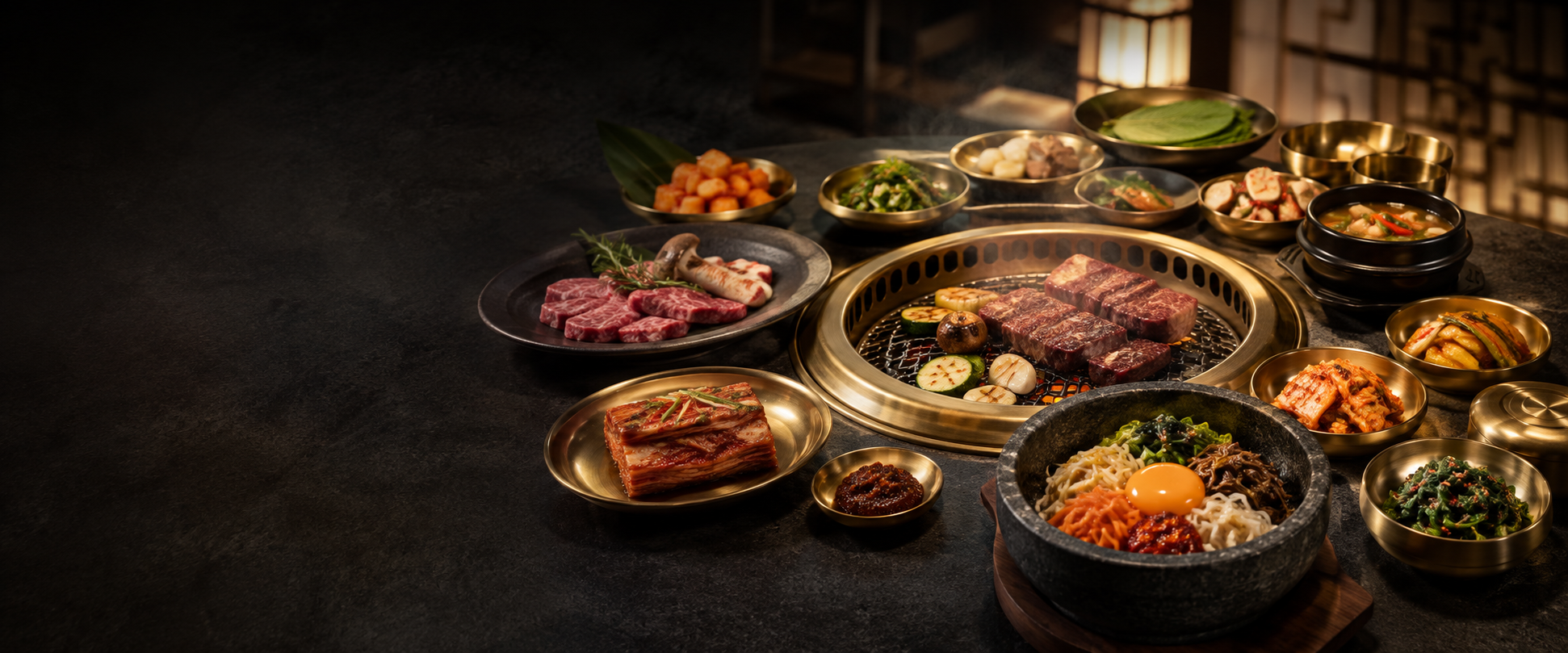 A Korean BBQ spread: marinated short ribs grilling on a tabletop burner, surrounded by banchan, bibimbap, and kimchi