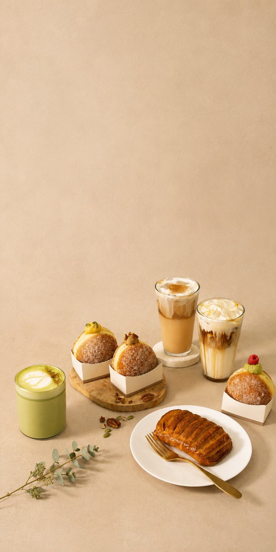 A Tous les Jours spread on a warm beige backdrop: a matcha latte, two iced coffees, cream-filled buns, and a glazed pastry on a white plate